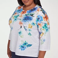 Alfred Dunner Nantucket Womens Plus Crew Neck 3/4 Sleeve T-Shirt