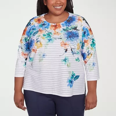 Alfred Dunner Nantucket Womens Plus Crew Neck 3/4 Sleeve T-Shirt