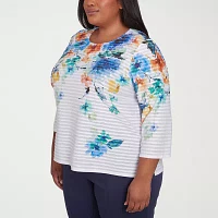 Alfred Dunner Nantucket Womens Plus Crew Neck 3/4 Sleeve T-Shirt