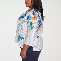 Alfred Dunner Nantucket Womens Plus Crew Neck 3/4 Sleeve T-Shirt