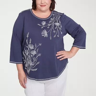 Alfred Dunner Nantucket Womens Plus Crew Neck 3/4 Sleeve T-Shirt