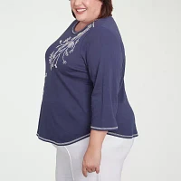 Alfred Dunner Nantucket Womens Plus Crew Neck 3/4 Sleeve T-Shirt