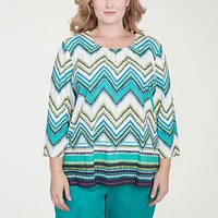 Alfred Dunner Nantucket Womens Plus Crew Neck 3/4 Sleeve Stretch Fabric T-Shirt