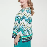 Alfred Dunner Nantucket Womens Plus Crew Neck 3/4 Sleeve Stretch Fabric T-Shirt
