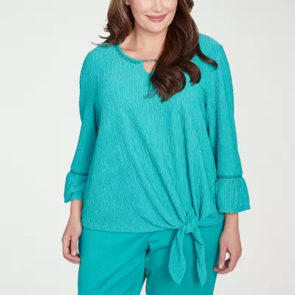 Alfred Dunner Nantucket Womens Plus Split Crew Neck 3/4 Sleeve Stretch Fabric T-Shirt