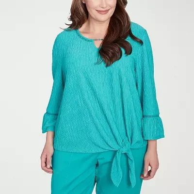 Alfred Dunner Nantucket Womens Plus Split Crew Neck 3/4 Sleeve Stretch Fabric T-Shirt