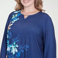 Alfred Dunner Nantucket Womens Plus Split Crew Neck 3/4 Sleeve Stretch Fabric T-Shirt