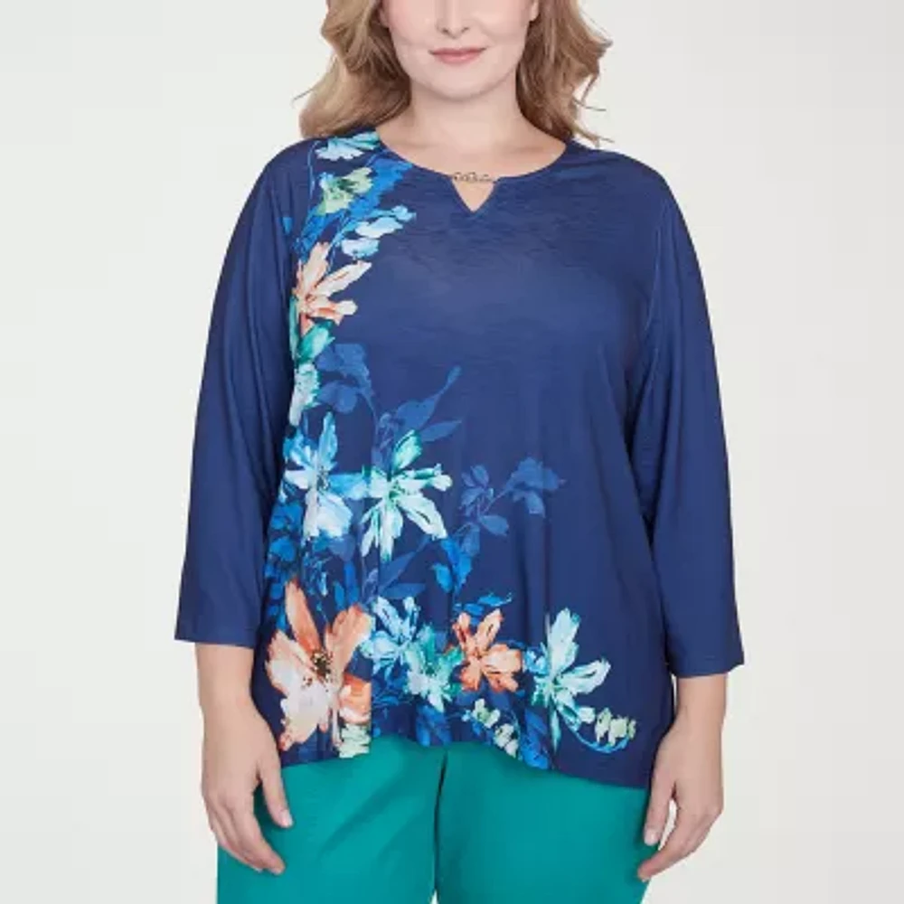 Alfred Dunner Nantucket Womens Plus Split Crew Neck 3/4 Sleeve Stretch Fabric T-Shirt