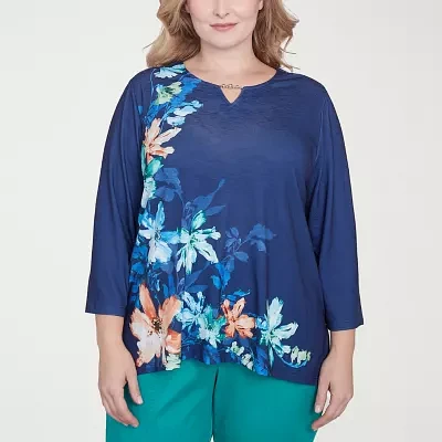 Alfred Dunner Nantucket Womens Plus Split Crew Neck 3/4 Sleeve Stretch Fabric T-Shirt