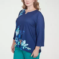 Alfred Dunner Nantucket Womens Plus Split Crew Neck 3/4 Sleeve Stretch Fabric T-Shirt