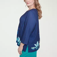 Alfred Dunner Nantucket Womens Plus Split Crew Neck 3/4 Sleeve Stretch Fabric T-Shirt