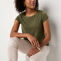 Liz Claiborne Womens Round Neck Short Sleeve Blouse