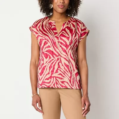 Liz Claiborne Womens Split Crew Neck Short Sleeve Blouse