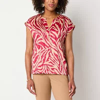 Liz Claiborne Womens Split Crew Neck Short Sleeve Blouse