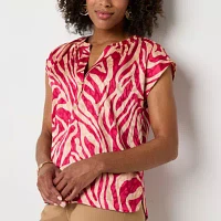 Liz Claiborne Womens Split Crew Neck Short Sleeve Blouse