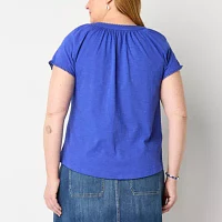 St. John's Bay Womens Plus Split Crew Neck Short Sleeve Tank Top