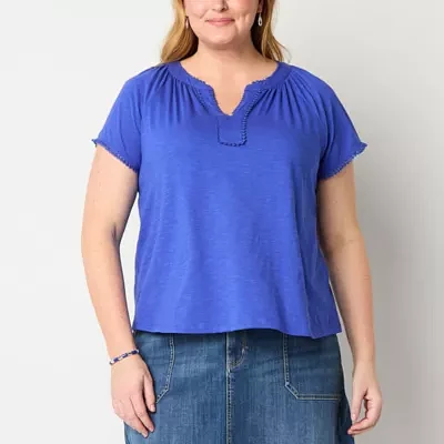 St. John's Bay Womens Plus Split Crew Neck Short Sleeve Tank Top