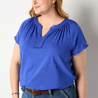 St. John's Bay Womens Plus Split Crew Neck Short Sleeve Tank Top