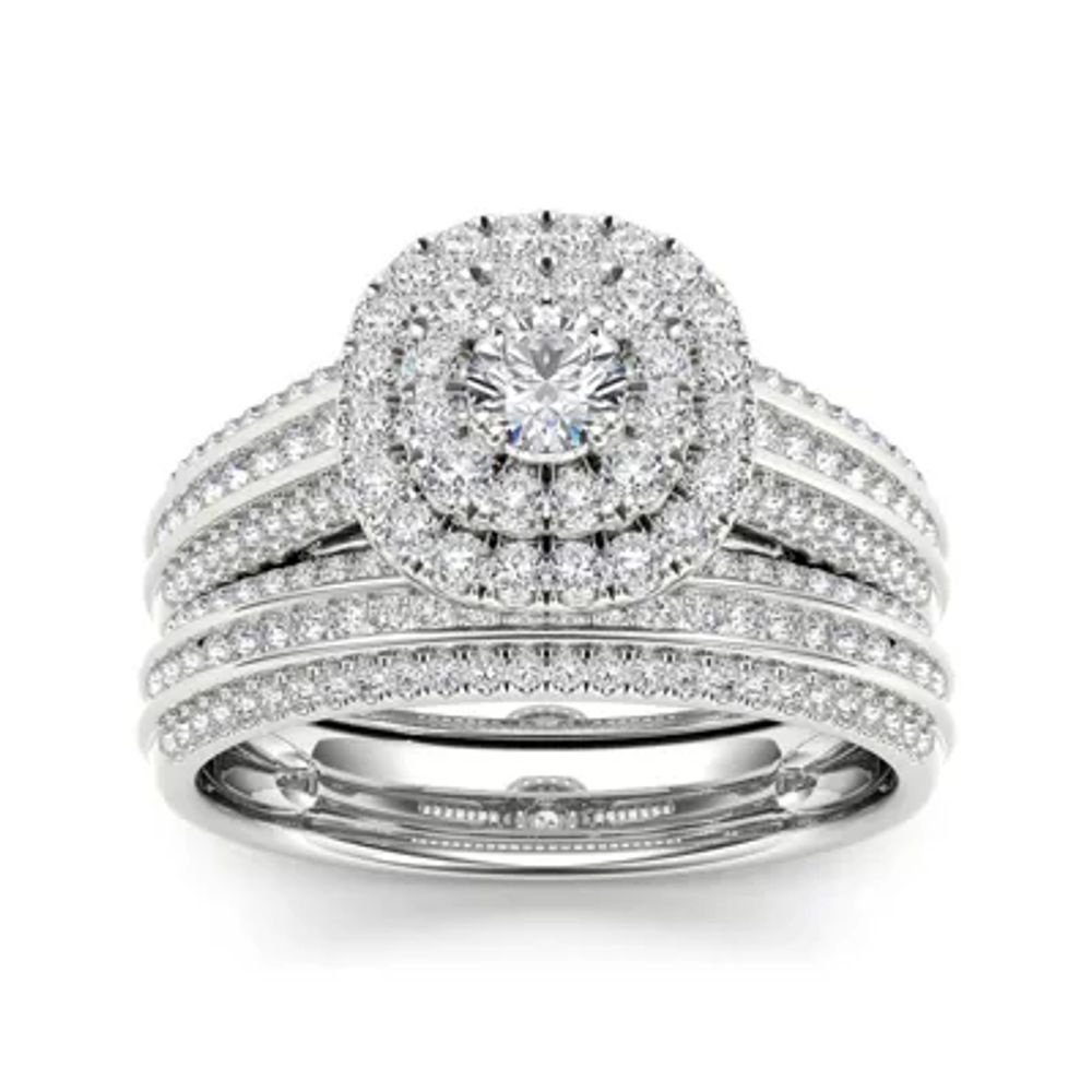 1 CT.T.W. Natural Diamond Halo 10K White Gold Bridal Ring Set