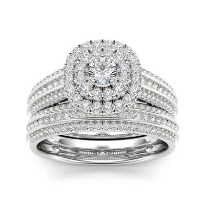 1 CT.T.W. Natural Diamond Halo 10K White Gold Bridal Ring Set