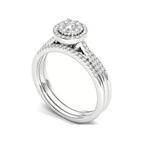 1/2 CT.T.W. Natural Diamond 10K White Gold Halo Bridal Ring Set