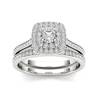 3/4 CT.T.W. Natural Diamond Halo 10K White Gold Bridal Ring Set