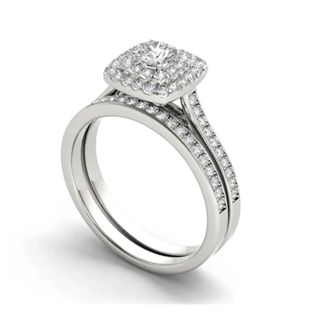 3/4 CT.T.W. Natural Diamond Halo 10K White Gold Bridal Ring Set
