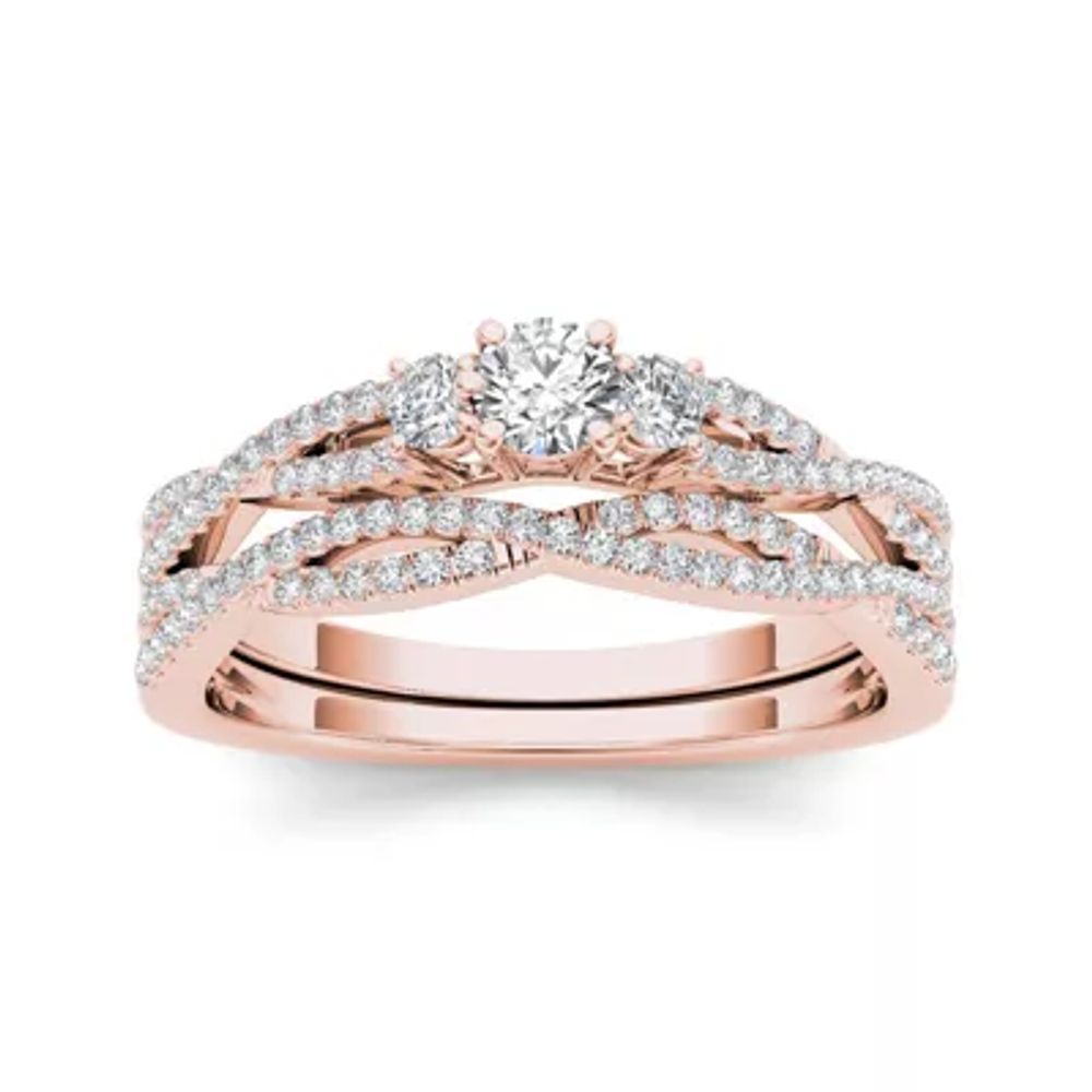 1/2 CT.T.W. Natural Diamond 14K Rose Gold Crossover Bridal Ring Set