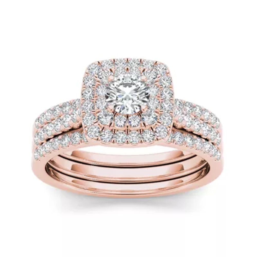 1 CT.T.W. Natural Diamond 10K Rose Gold Halo Bridal Ring Set