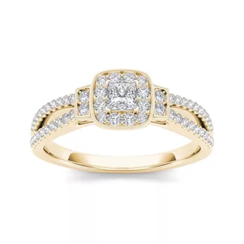 1/2 CT.T.W. Natural Diamond Halo 10K Yellow Gold Engagement Ring