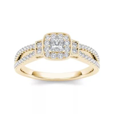 1/2 CT.T.W. Natural Diamond Halo 10K Yellow Gold Engagement Ring