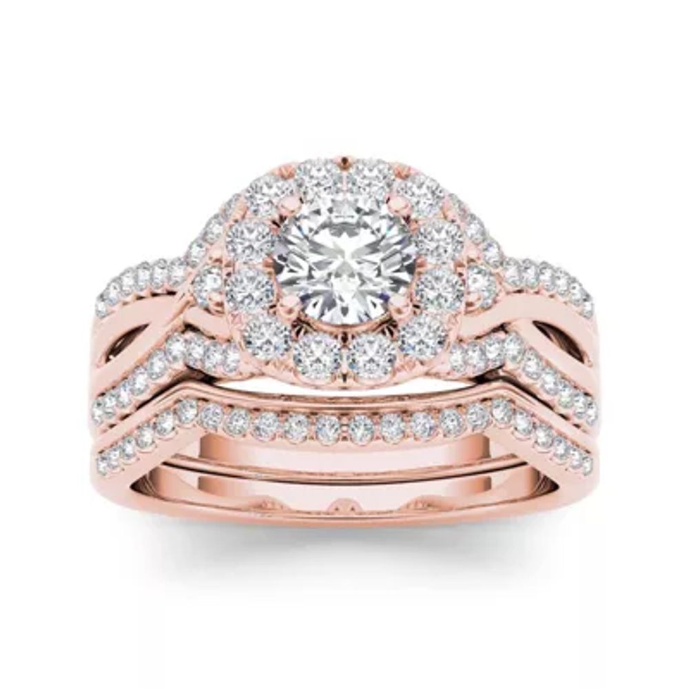 1 1/4 CT.T.W. Natural Diamond 14K Rose Gold Halo Bridal Ring Set