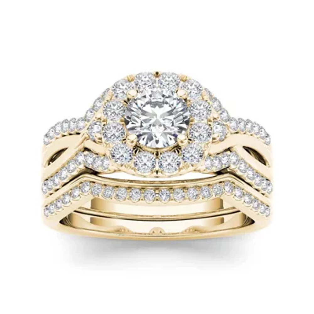 1 1/4 CT.T.W. Natural Diamond 14K Yellow Gold Halo Bridal Ring Set