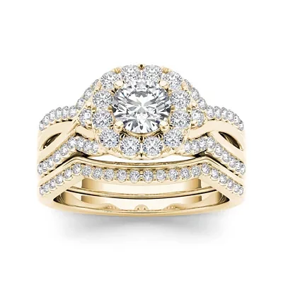 1 1/4 CT.T.W. Natural Diamond 14K Yellow Gold Halo Bridal Ring Set