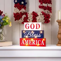 Glitzhome "11.75""L Wooden Patriotic Block Sign" Lighted Tabletop Decor