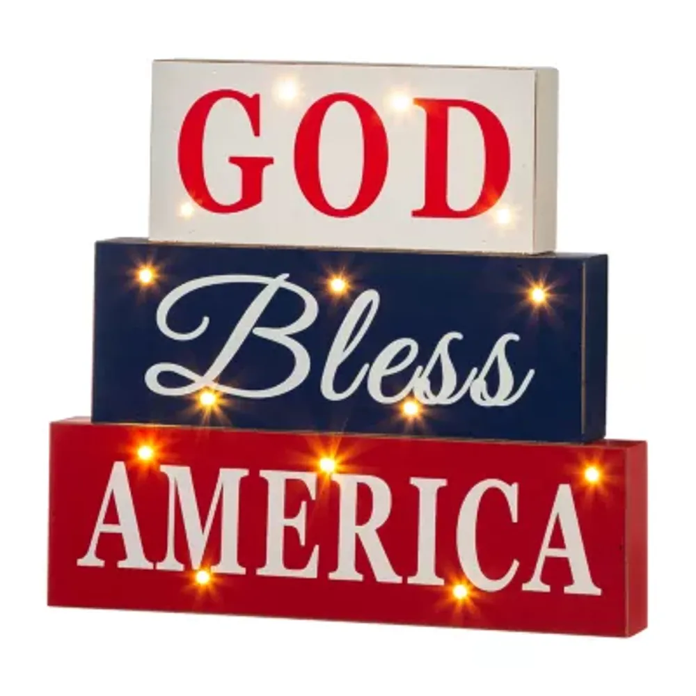 Glitzhome 11.75"L Wooden Patriotic Block Sign Lighted Tabletop Decor