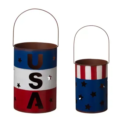 Glitzhome Set Of 2 Metal Patriotic Bucket 4th of July Holiday Yard Art