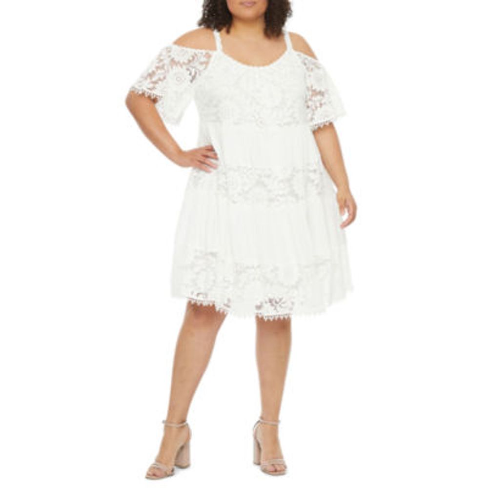 Robbie Bee Plus Short Sleeve Cold Shoulder Lace Inset Fit + Flare Dress |  Pueblo Mall