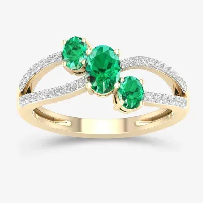 Womens Genuine Green Emerald 10K Gold Oval 3-Stone Cocktail Ring