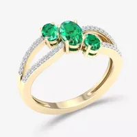 Womens Genuine Green Emerald 10K Gold Oval 3-Stone Cocktail Ring