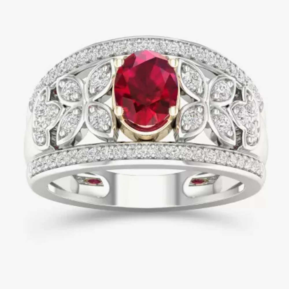 Womens Lead Glass-Filled Red Ruby 10K White Gold Cocktail Ring