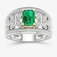 Womens Genuine Green Emerald Sterling Silver Cocktail Ring