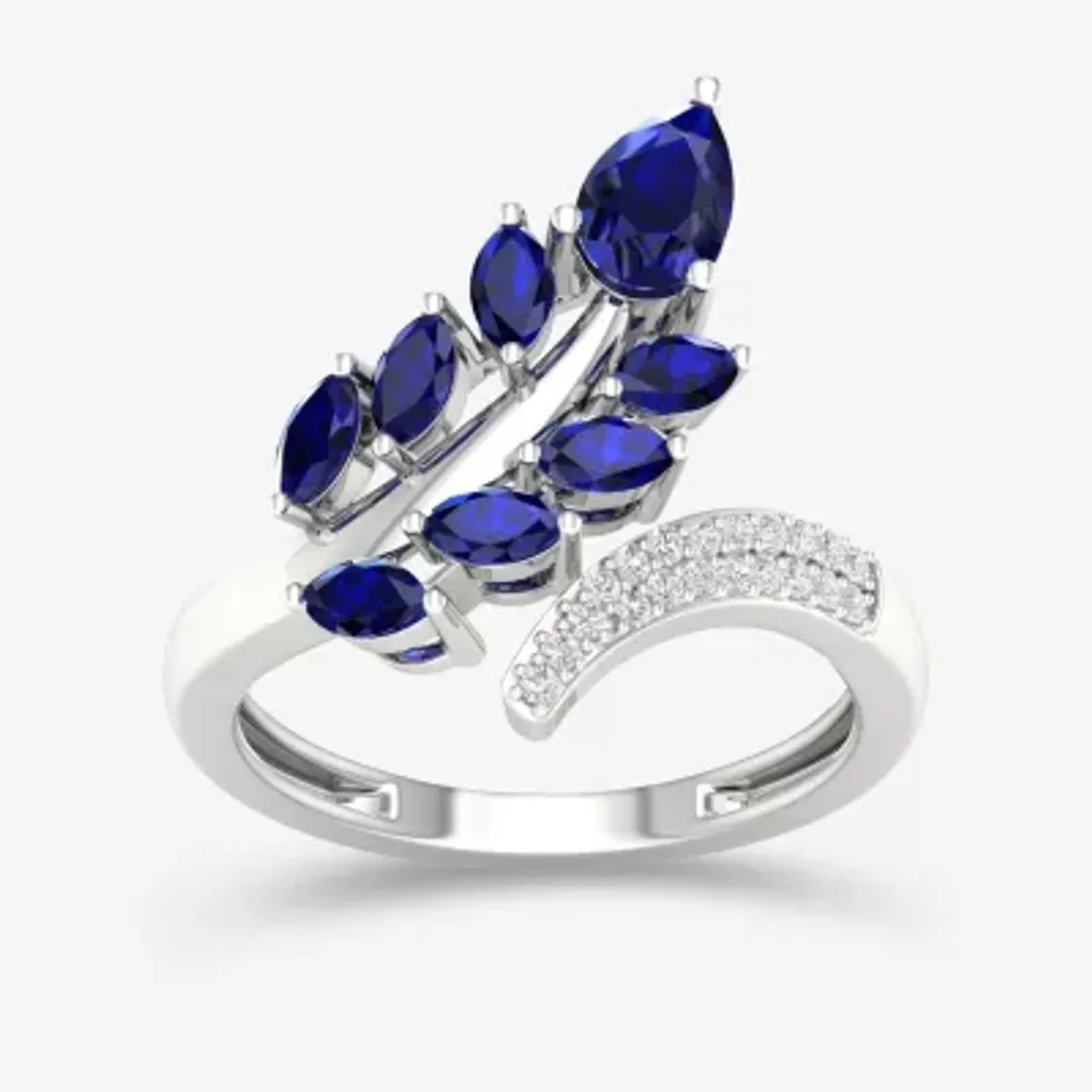 Womens Genuine Blue Sapphire 10K White Gold Flower Bypass  Cocktail Ring