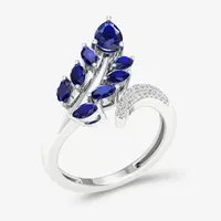 Womens Genuine Blue Sapphire 10K White Gold Flower Bypass  Cocktail Ring