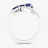 Womens Genuine Blue Sapphire 10K White Gold Flower Bypass  Cocktail Ring