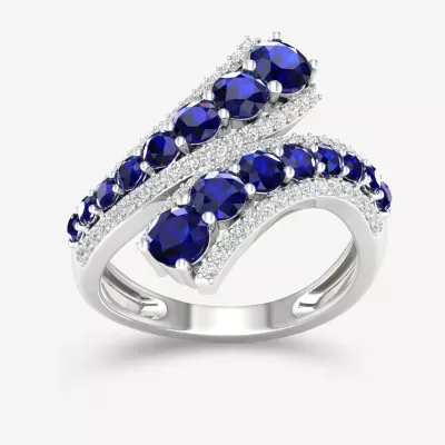 Womens Genuine Blue Sapphire 10K White Gold Bypass  Cocktail Ring