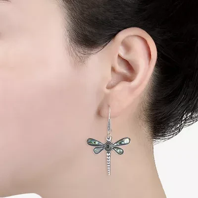 Genuine Abalone Sterling Silver Dragonfly Drop Earrings