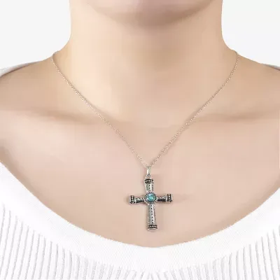 Womens Enhanced Blue Turquoise Sterling Silver Cross Pendant Necklace