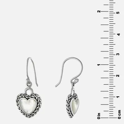 Bali Inspired Genuine White Mother Of Pearl Sterling Silver Heart Drop Earrings