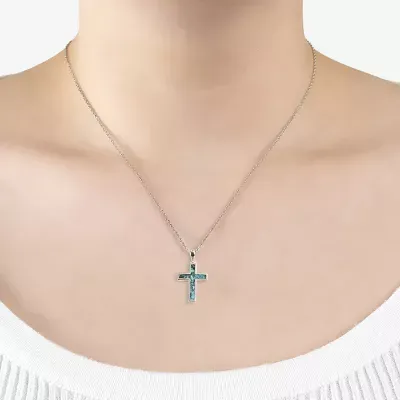 Womens Enhanced Blue Turquoise Sterling Silver Cross Pendant Necklace